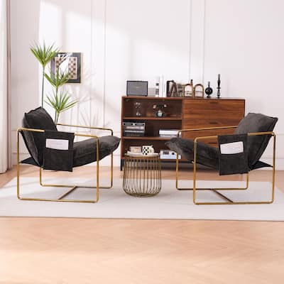 2 Sets 1 Case,Upholstered Hanging Armchair with Arm PocketsMetal frame, gold-plated craftsmanship,foam cushions,woven fabric