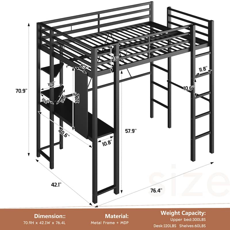 Futzca High Loft Bed Frame with Desk, Twin/Full Size Bunk Bed