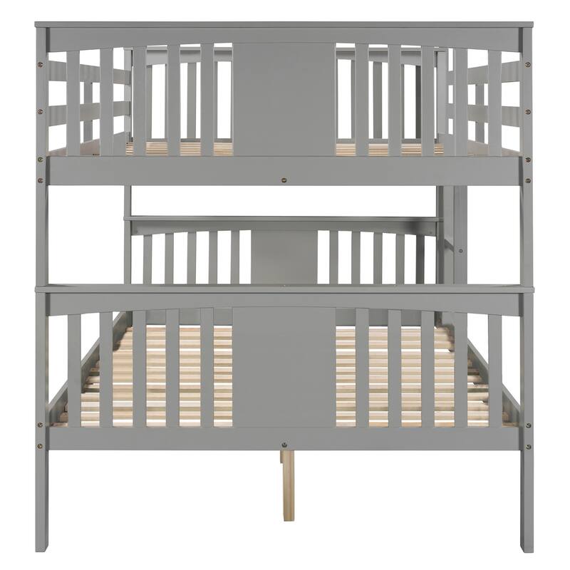 Full over Full Bunk Bed with Ladder,Gray, No Box Spring Needed, Solid Pine Wood Construction