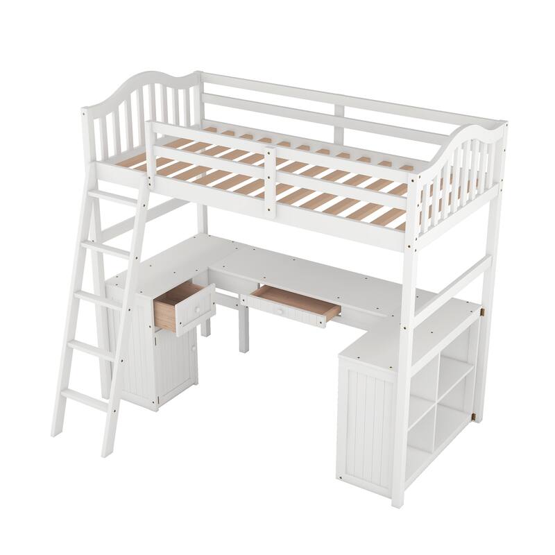 Twin Size Wooden Loft Bed with Desk, 2 Drawers, Cabinet, 4 Shelves, Full-Length Guardrail