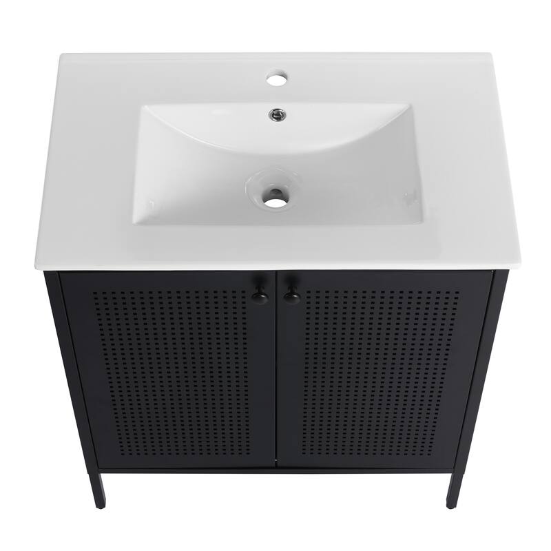 Bathroom Vanity with Ceramic Sink, Freestanding Bathroom Storage Cabinet, Bathroom Vanities with 2 Doors & Adjustable Shelves