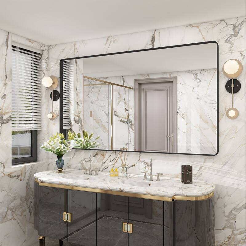 Modern Metal Frame Wall Mounted Bathroom Vanity Mirror - 60x36 - Black