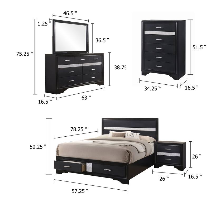 Vino Black 5 Piece Full Bed Set with Storage, Dressers, Glitter Accent