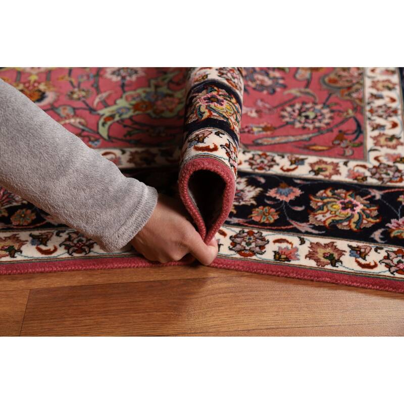 Floral Pink Tabriz Persian Rug Handmade Wool & Silk Carpet - 4'1"x 7'0"