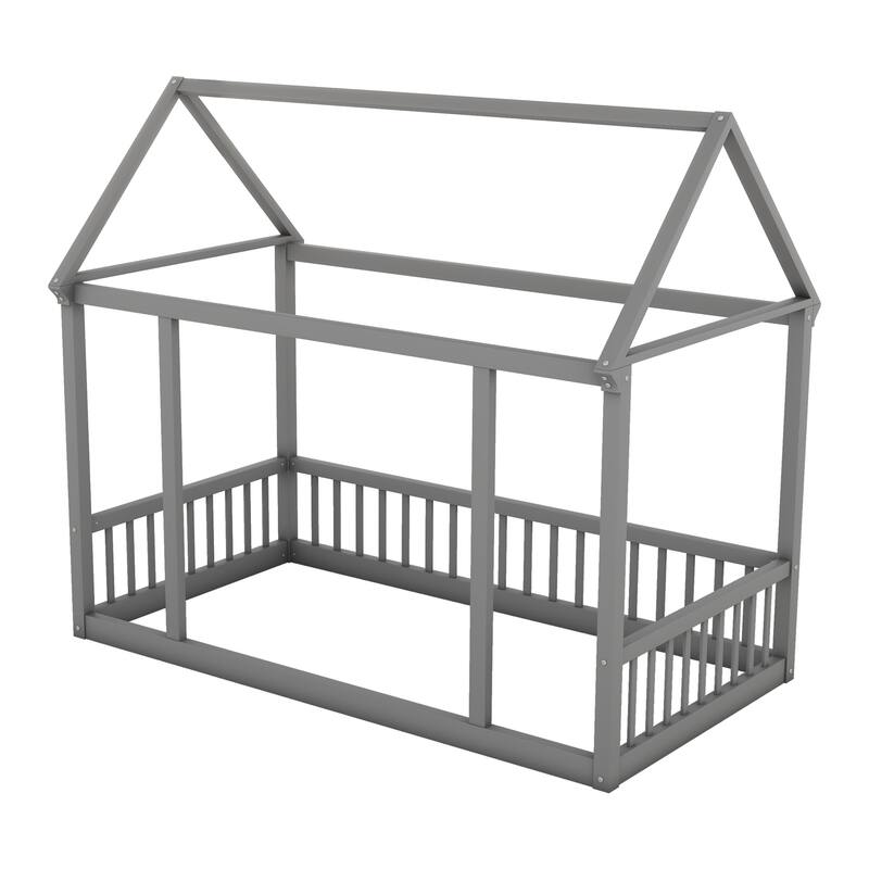 Twin/Full Size Floor Bed with Wooden House Roof Frame and Safety Guardrails for Children's Bedrooms, Small Space