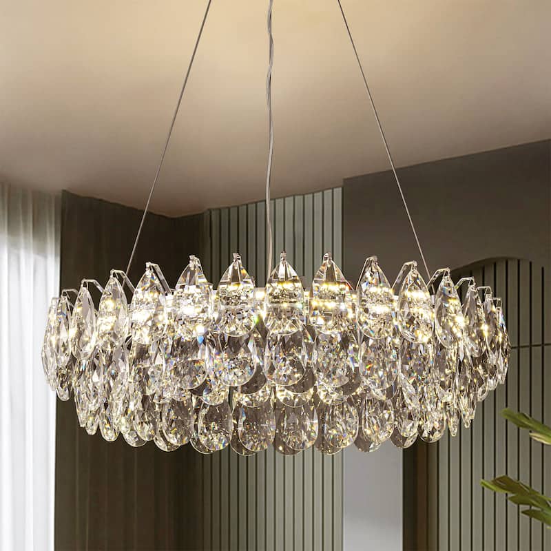 Modern Glam Chrome Round Crystal LED Chandelier for Dining Room - 23.6 in. W x 86.6 in. H - 23.6 in. W x 86.6 in. H - Chrome