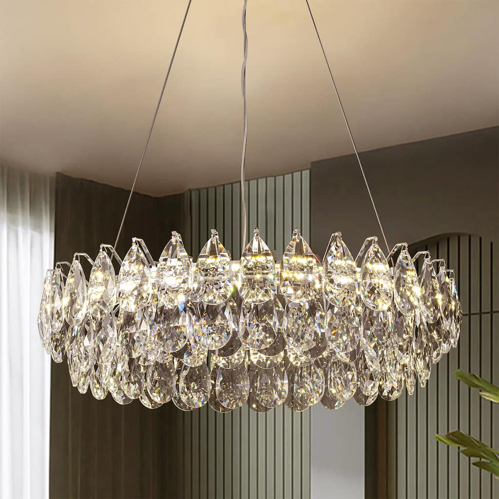 Modern Glam Chrome Round Crystal LED Chandelier for Dining Room - 23.6 in. W x 86.6 in. H