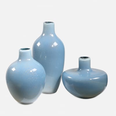 Metallic Speckled Glass Vases - 15" - Frost Blue - Set of 3