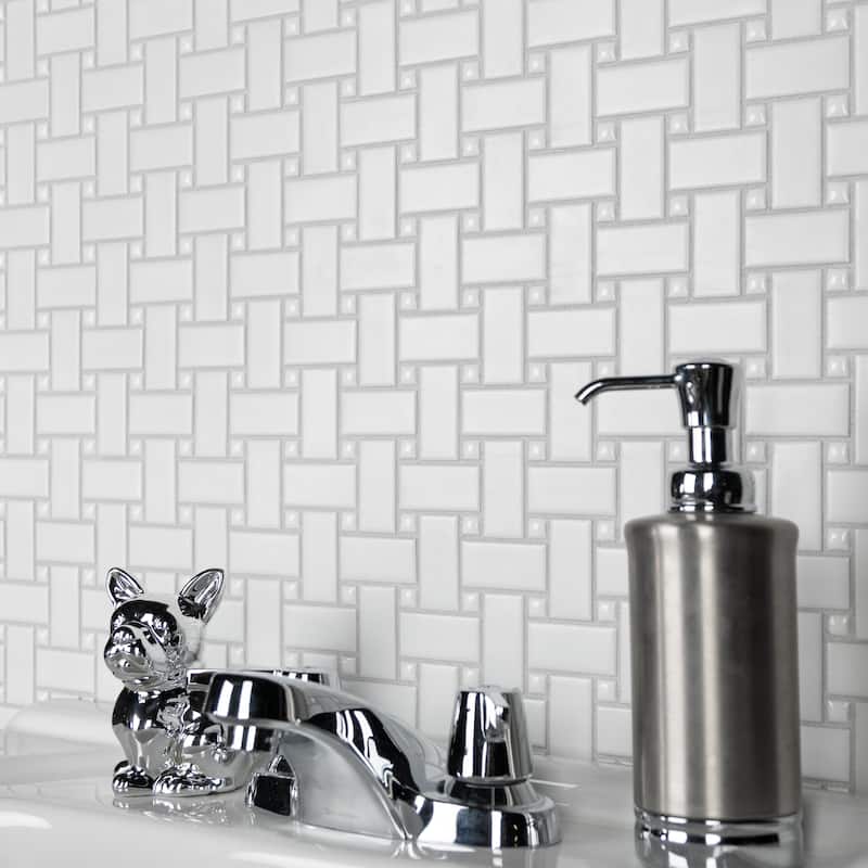 Merola Tile Metro Basketweave White w/ Glossy White Dot 11-3/4" x 11-3/4" Porcelain Mosaic Floor and Wall Tile