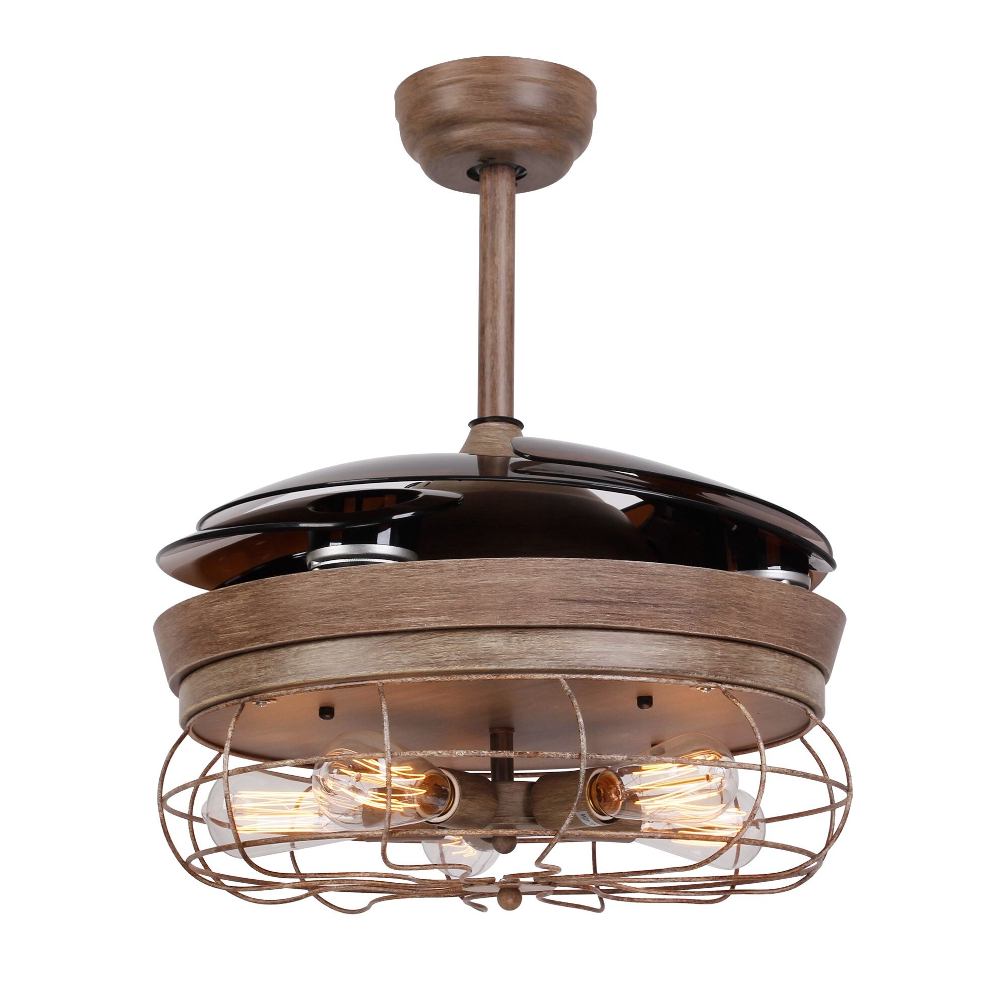Rustic 46 Inch Oak Foldable 4 Blades Cage Ceiling Fan With 5 Oak Foldable 4 Blades Cage Ceiling Fan
