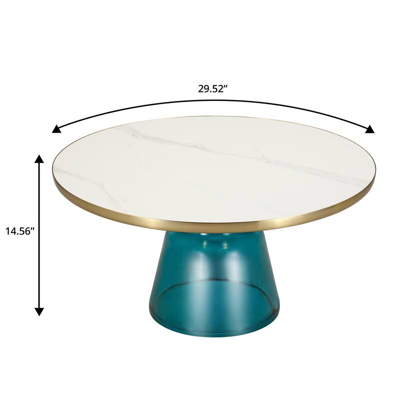 30-Inch Round Coffee Table Glass/Stone Tabletop with Gold Iron Rim Frame Glass Pedestal Base