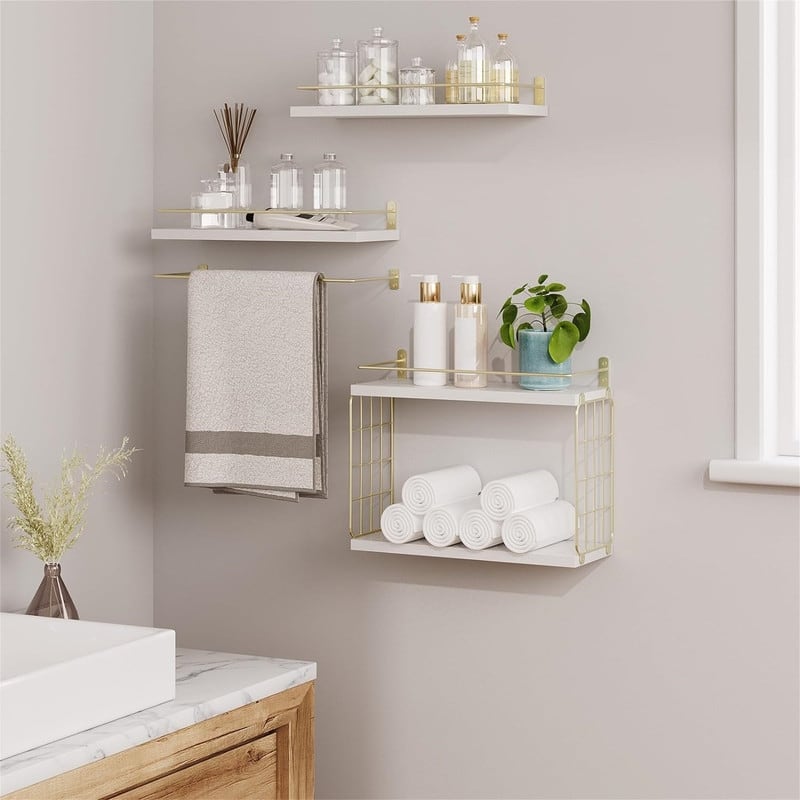 4+1 Tier Floating Shelves - 14.7"L x 5.8"W x 11.6"H - White + Gold