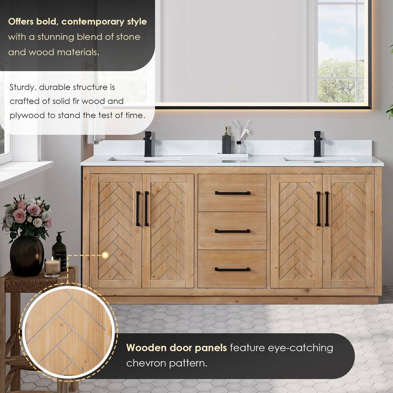 Anais 3Single Bathroom Vanity in Light Brown with Grain White Engineered Stone Countertop without Mirror