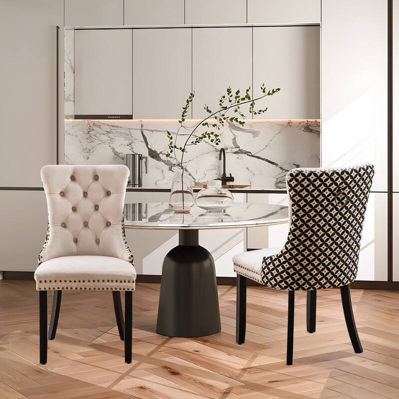Solid Wood Velvet Upholstered Dining Chair Set of 2 - Beige Grey
