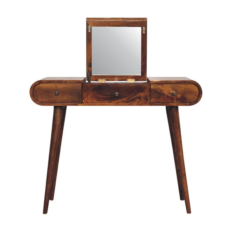 Chestnut Finish Flip-Top Mirror Dressing Table for Elegant Home Décor
