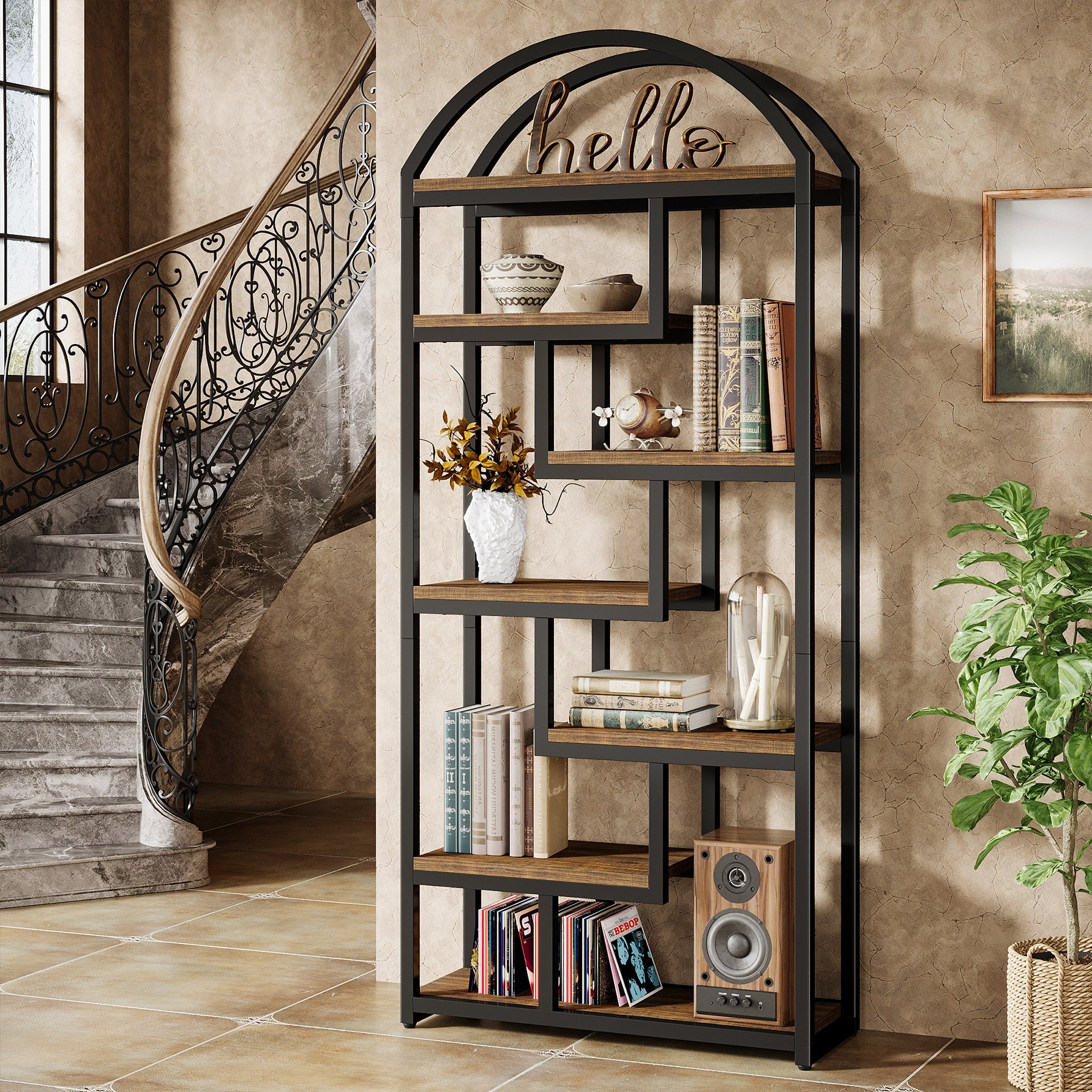 71" Tall Arched Bookshelf, 7 Shelf Industrial Etagere Bookcase for Bedroom, Living Room, Home Office