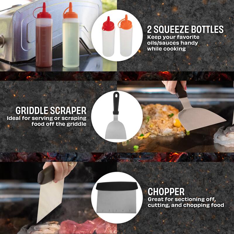 Griddle Accessories - 28PC Grill Set with Stainless Steel Spatulas, Tongs, Cleaner, Dome, and Carry Bag by Home-Complete