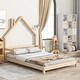 preview thumbnail 3 of 7, Full Size Montessori Floor Bed with Handrails for Kids, Wooden House-Shaped Headboard Floor Bed Frame with Wood Slats Support