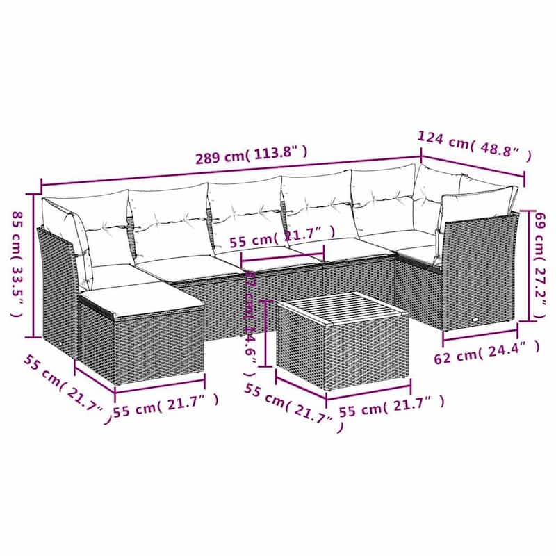 vidaXL Patio Sofa Set with Cushions Outdoor Furniture 8 Piece Poly Rattan - 24.4 x 24.4 x 27.2