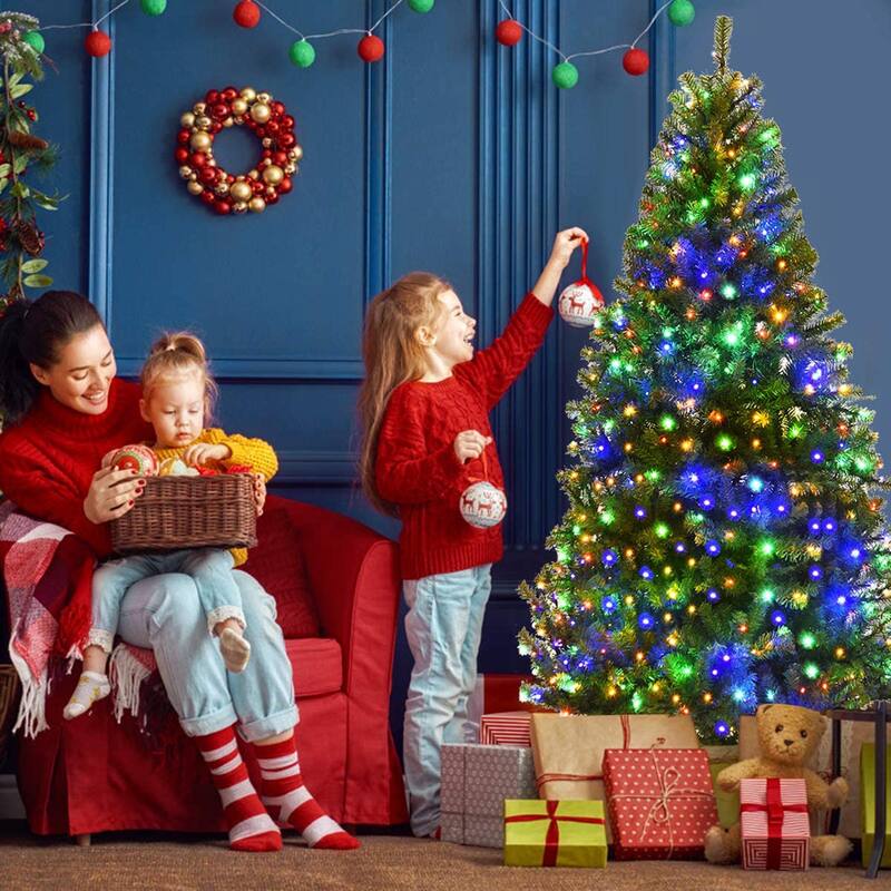 Gymax 5-9FT Pre-Lit Christmas Tree Hinged Artificial Tree w/ Metal