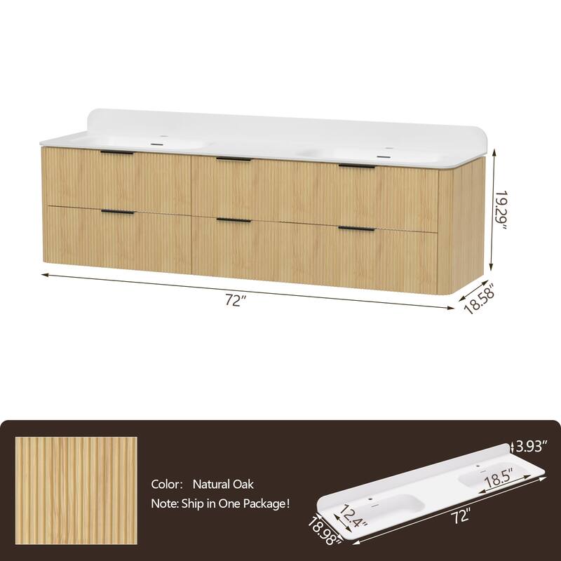 72" Floating Bathroom Vanity with Integrated countertop Rectangular Sink Solid Wood