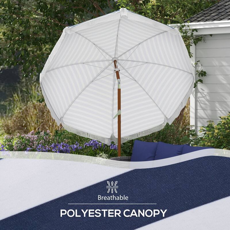 7x7 ft Tiltable Outdoor Patio Umbrella with Vented Canopy, Fringed Ruffles, and Flounce - Blue Strip