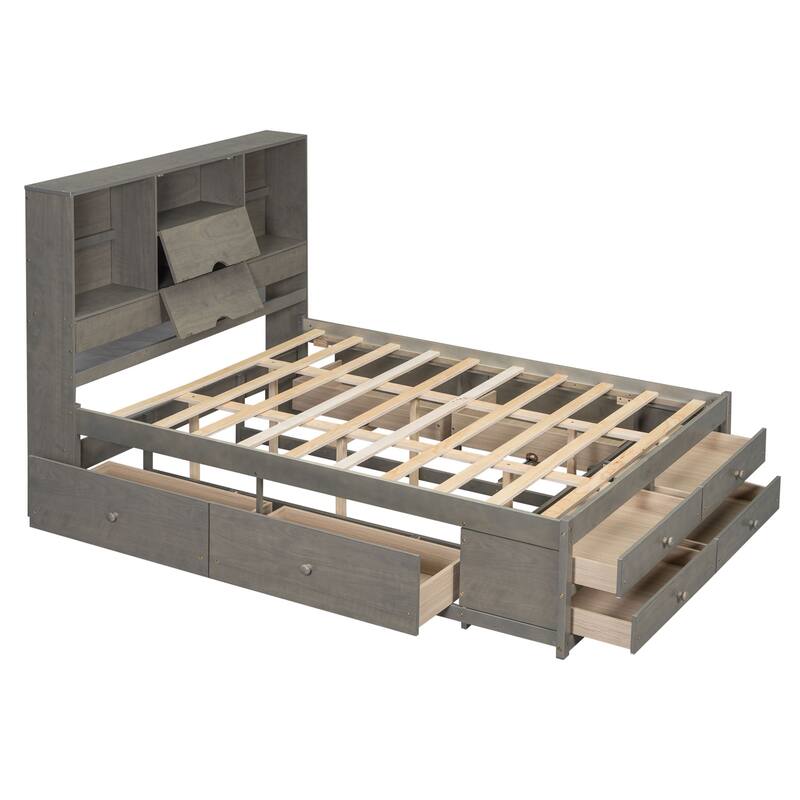 Platform Bed with Storage Headboard and 8 Drawers