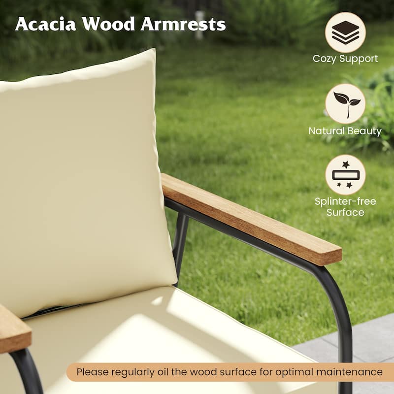 4 Piece Black Rattan Metal Patio Set with Off White Cushions and Wood Arms - 31" x 19" x 15"