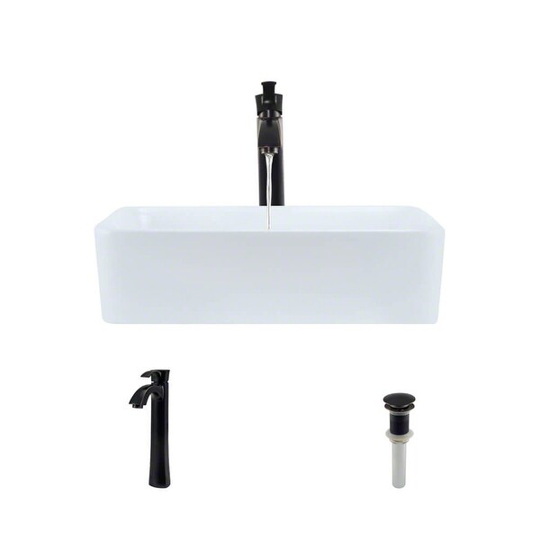 Rene R2-5007-W-R9-7006 18-1/8" Porcelain Vessel Bathroom Sink with Vessel Faucet and Vessel Pop-Up Drain