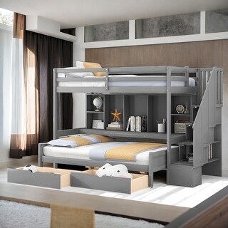 Twin XL over Full Bunk Bed with Shelves, Drawers and Staircase, Grey ...