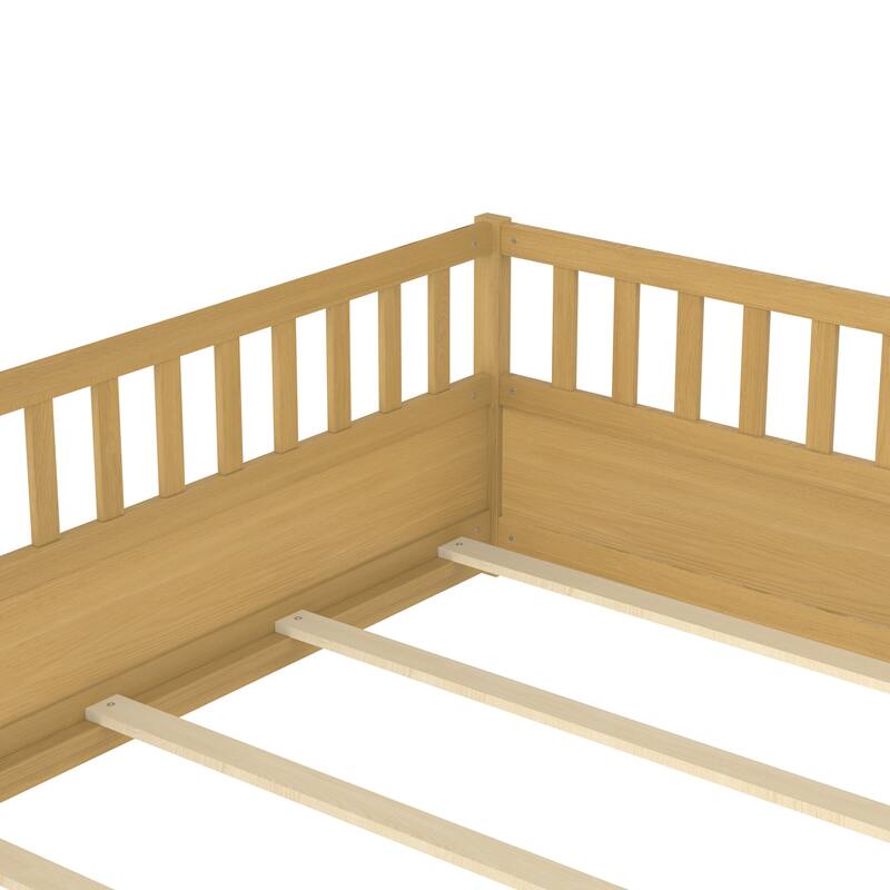 Wooden Full Floor Bed without Slat, Montessori Kids Floor Bed Frame with Super High Fence and Door, Solid Pine French Bed Frame