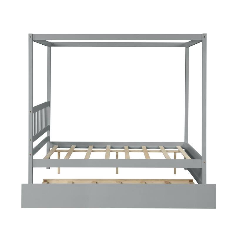 Full Size Canopy Bed with Twin Trundle, Kids Solid Wood Platform Bed Frame w/ Headboard, No Box Spring Needed