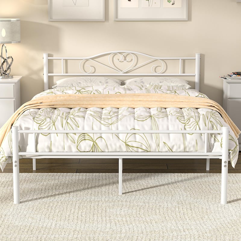 VECELO Metal Platform Bed Frame with Headboard & Footboard, Steel Slats Mattress Foundation, No Box Spring Needed - White - Queen