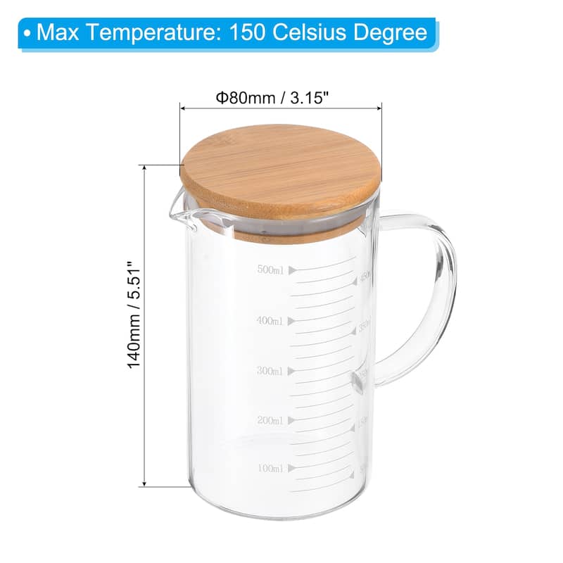Glass Measuring Cup, 3.3 Borosilicate Glass with Wood Lid for kitchen - White - 500ml
