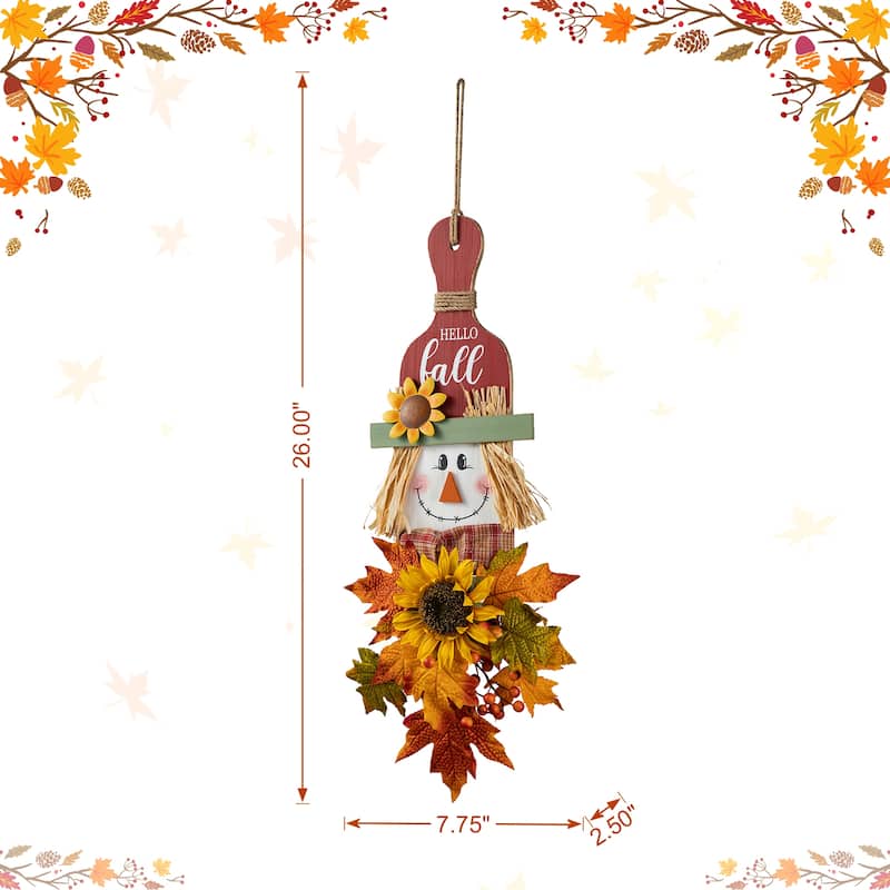 Glitzhome Wooden Maple Leaves Scarecrow Sunflower Door Hanger Wall Decor