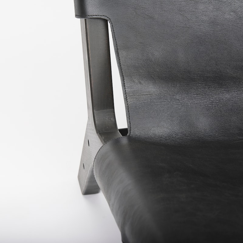 Elodie Black Genuine Buffalo Leather w/ Dark Brown Stained Solid Beechwood Frame Accent Chair - 24.4"W x 33.9"D x 30.7"H
