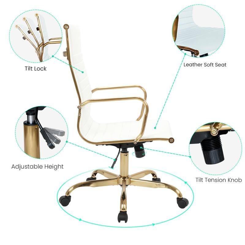Harris High-Back Leather Office Chair in Brushed Gold Frame Adjustable Height Tilt Computer Task Chair with 360-Degree Swivel