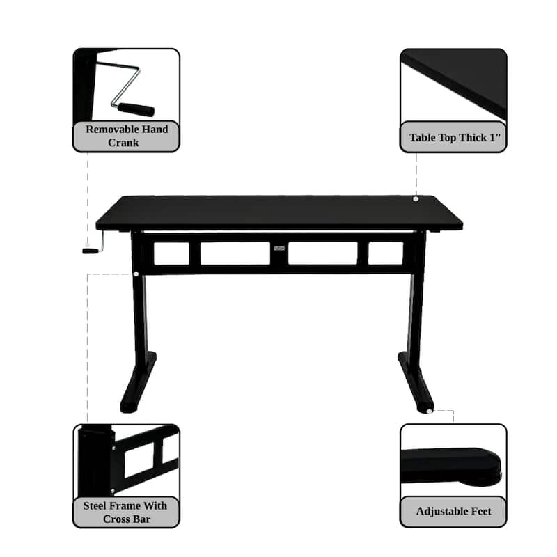 ErgoMax Office Black Adjustable Height Crank Desk w/ Tabletop, 45 Inch Max Height