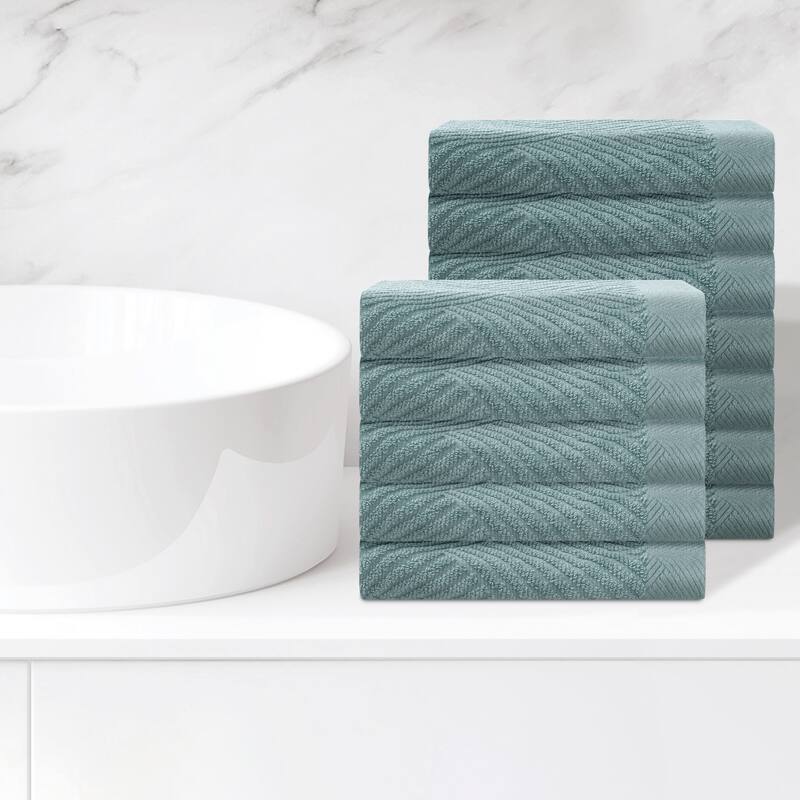 12 Pack Striped Bath Washcloths Set, Cotton, Body and Face Towels for Hotel, Spa, Bathroom 14" x 14" - Green