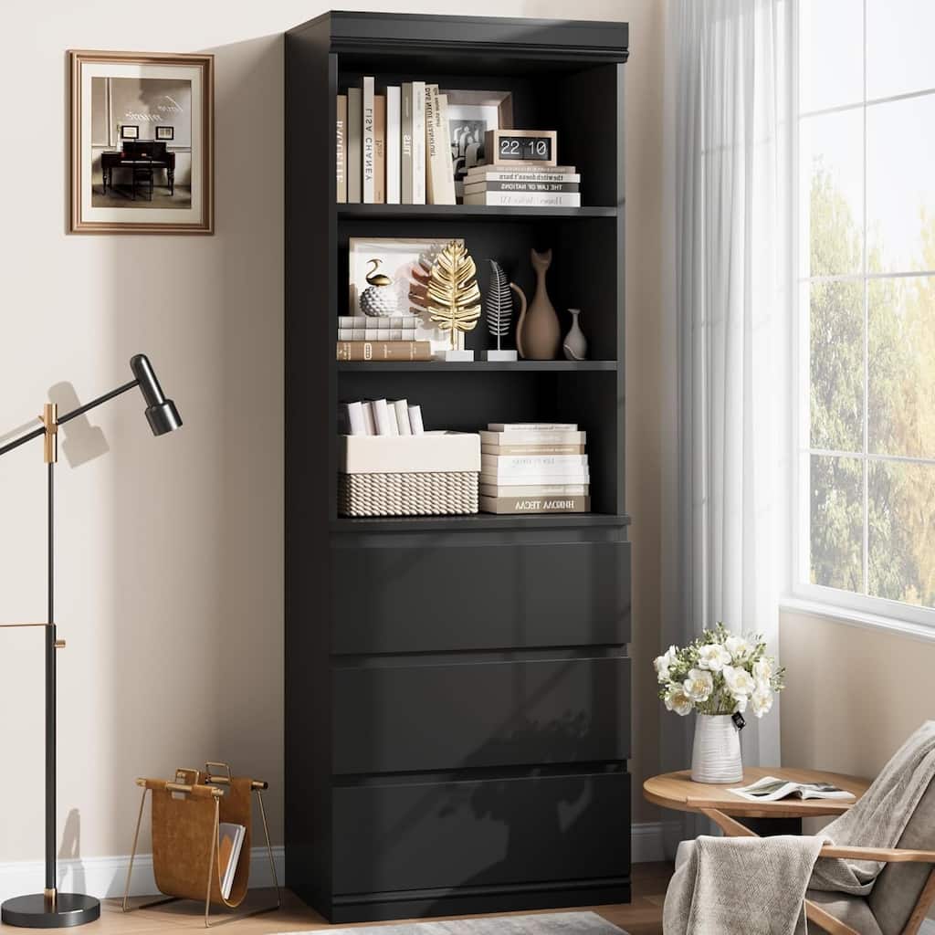70 Inch Freestanding Modern Tall Bookcase with 3 Drawers - N/A