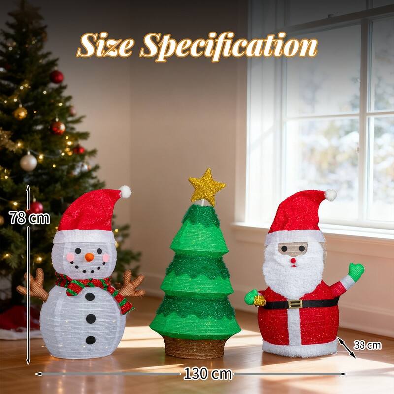 Set of 3 Lighted Santa and Snowman and Xmas Tree Christmas Decorations - White+Red+Green