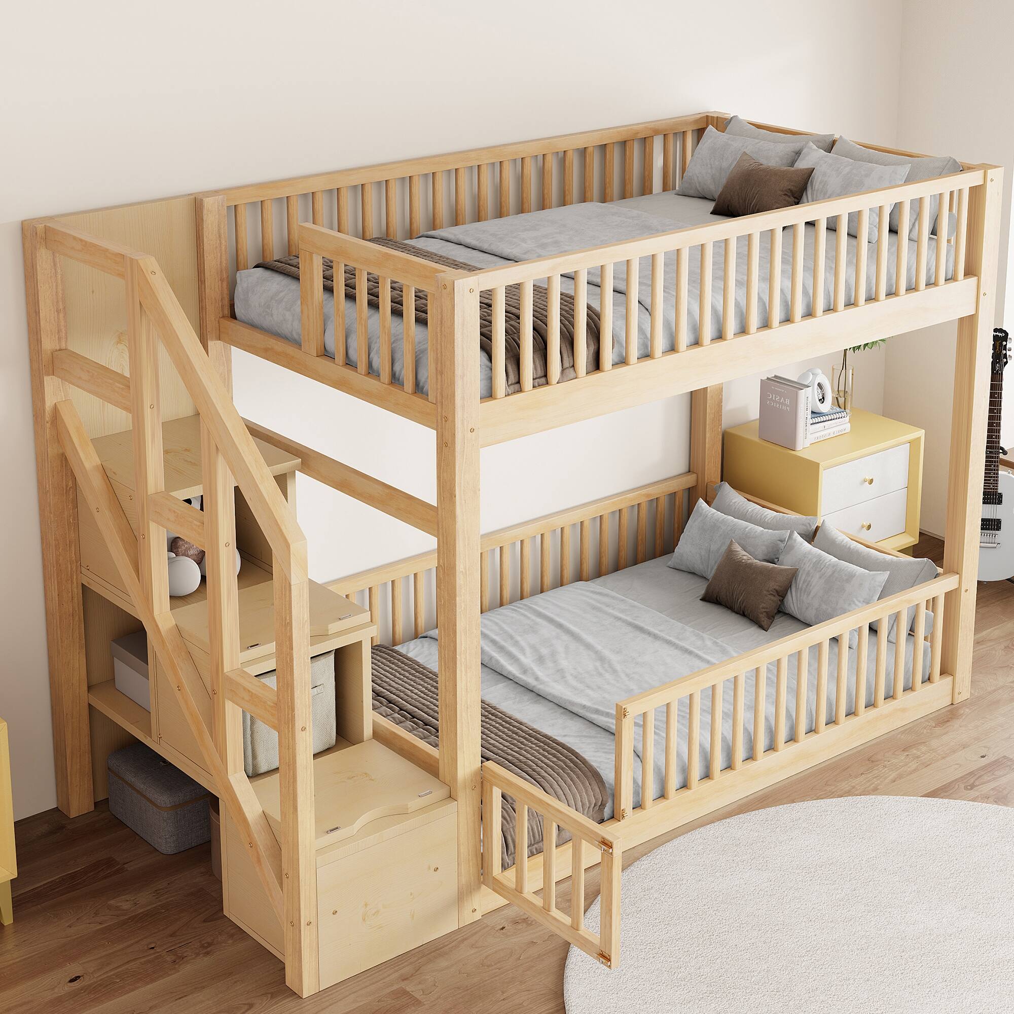 Twin Over Twin Floor Bunk Bed with Storage Staircase & Guardrails, Space-Saving Wooden Bunk Bed Frame with Small Door Access