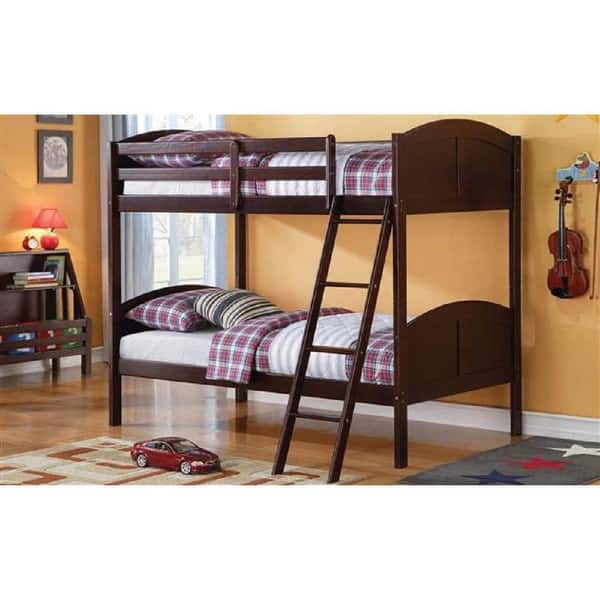 slide 1 of 1, Twin Over Twin Solid Wood Bunk Bed with Ladder and Safety Guardrail, Supported by Wooden Boards Espresso