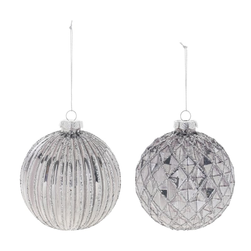Silver Glass Glittered Ball Ornaments Set of 6 with Ribbed and Harlequin Textures - 3.75” x 3.75” x 4” (L x W x H)