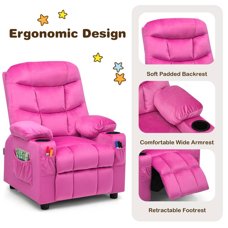 Gymax Kids Youth Recliner Chair Velvet Fabric w/Cup Holder & Side
