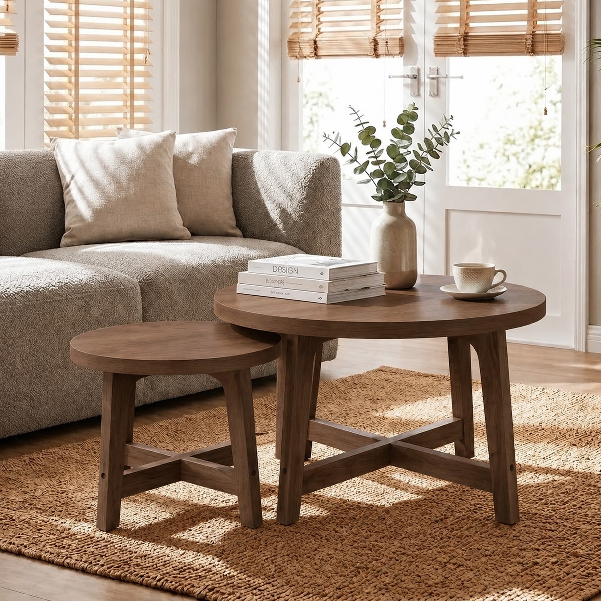 Set of 2 Round Nesting Coffee Tables, Modern Side Tables, X-Shaped Frame Stackable End Tables for Living Room, Bedroom, Balcony