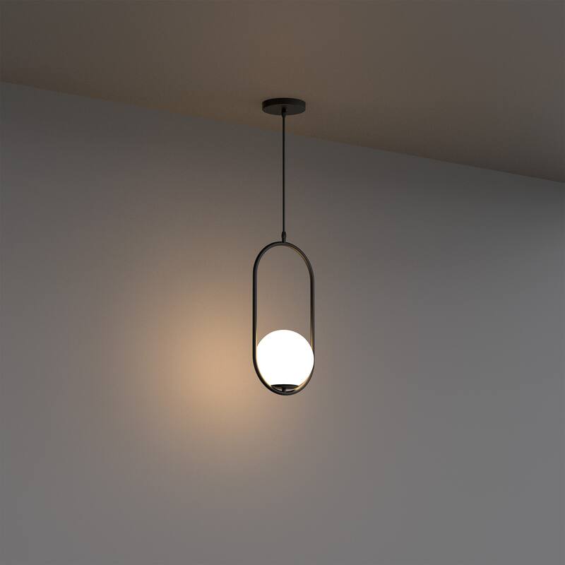 Modern Black Globe Pendant Lighting - 1-Light Hanging Fixture with White Glass Shade for Kitchen, Dining Room, Bedroom