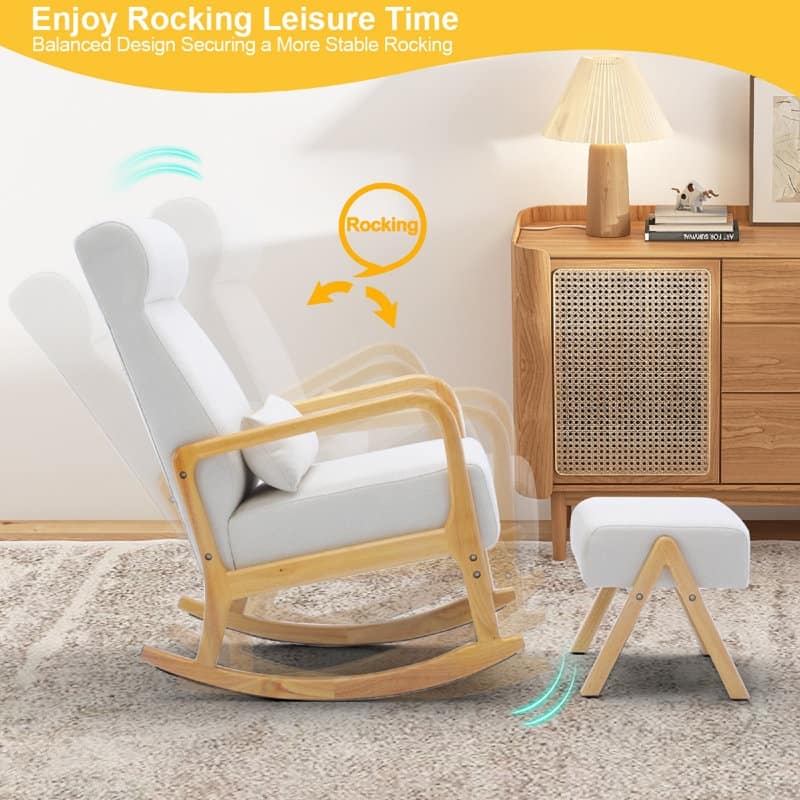 EROMMY 25.2" Wide Reclining Rocker Chair with Ottoman - High Back Rocking Chair, Soft Linen Fabric, Ergonomic Design