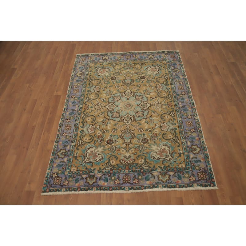 Hand Knotted Oriental 100% Wool Carpet Traditional Floral Brown Tabriz Area Rug - 5' 8'' X 4' 3''