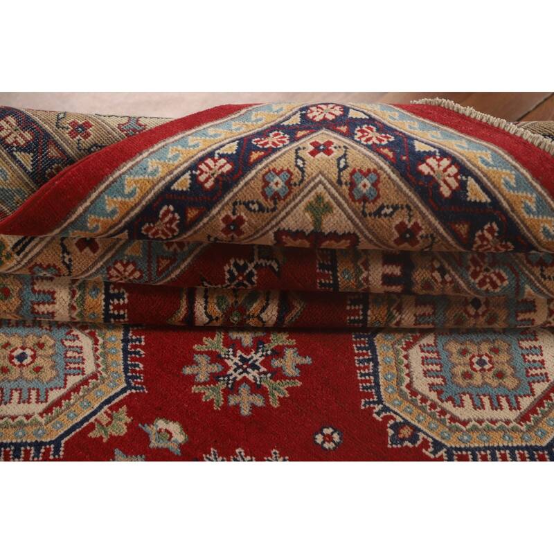 Kazak Oriental Area Rug Hand-Knotted Geometric Red Wool Carpet - 6'6"x 9'10"